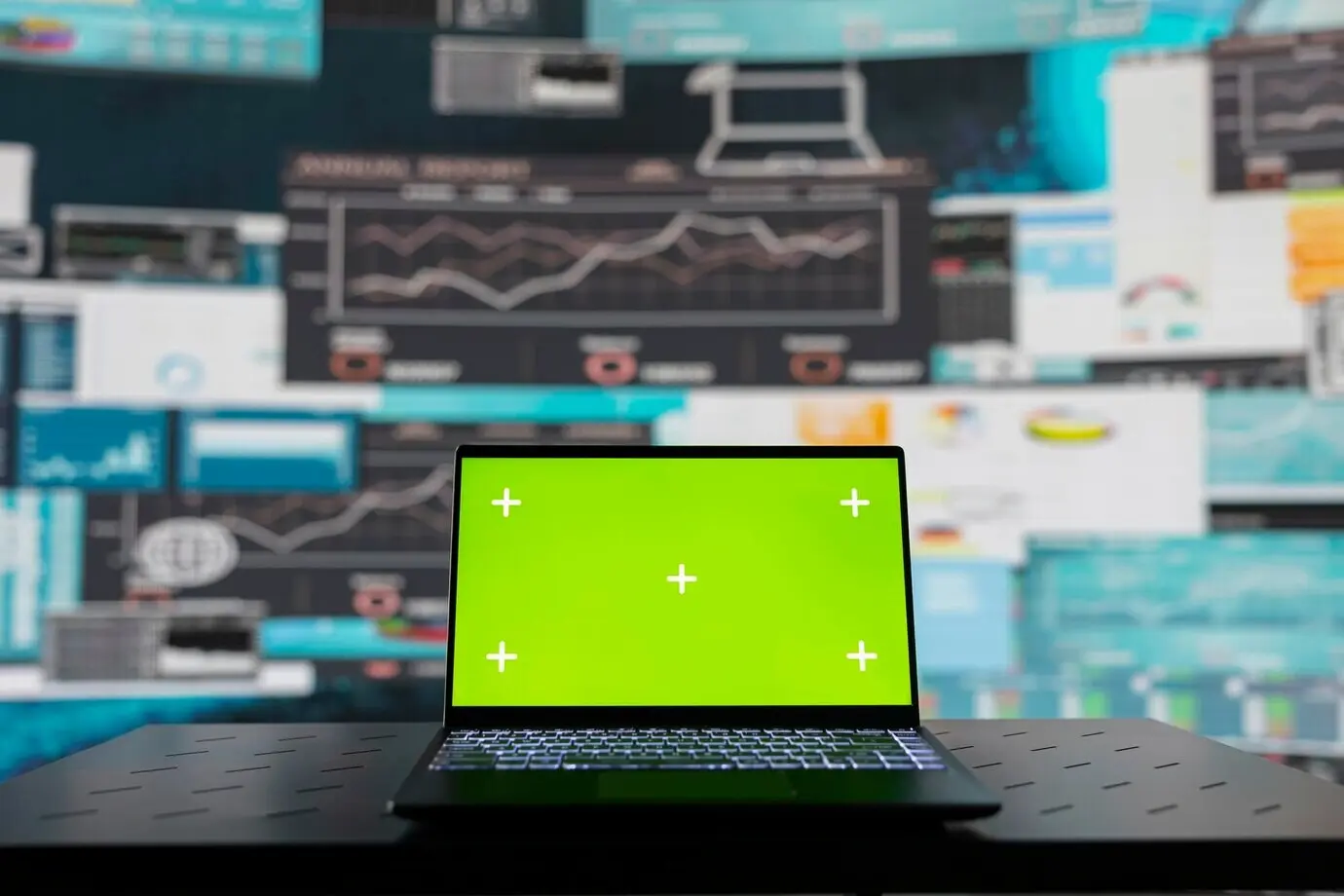 Ноутбук с экраном с местом для текста на пустом столе рядом с метриками производительности.